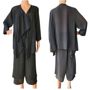 C.M.C. Color Me Cotton 2 Pcs Set Black Cardigan Top Wide-Leg Cropped Pants Sz XL